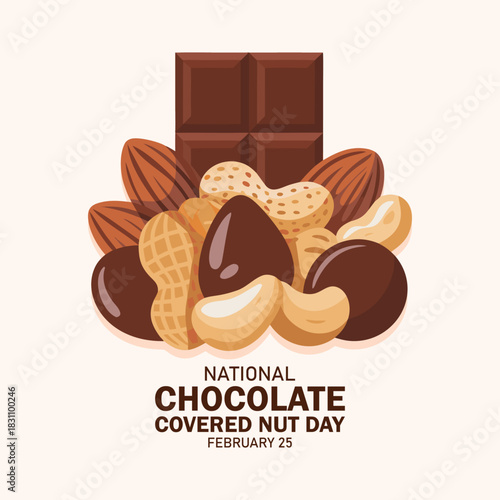 National Chocolate Covered Nut Day vector. Pile of mixed nuts in chocolate icon. Group of chocolate covered nuts vector illustration. February 25 every year. Important day.