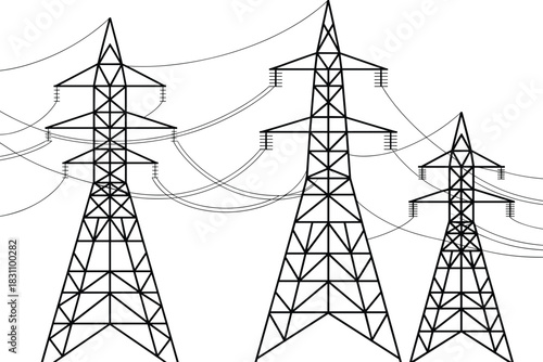 Three power line towers of varying heights with interconnected electrical wires electricity transmission