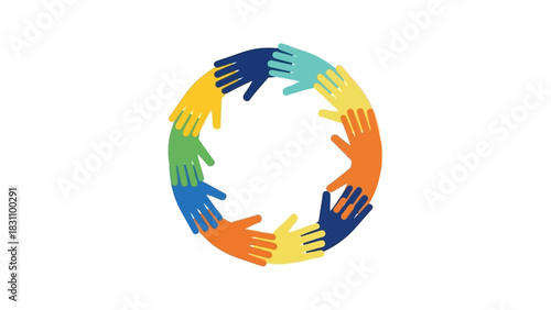 Diverse hands joined in circle. Colorful hands holding each other. Unity and diversity symbol. Vector illustration of hands in a circle. Support and teamwork concept. Multicolored hand