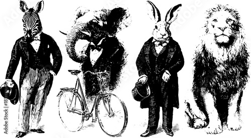Animals in tuxedos: a zebra, elephant, rabbit, and lion. Vintage vector illustration featuring a unique set of characterful designs in black and white.