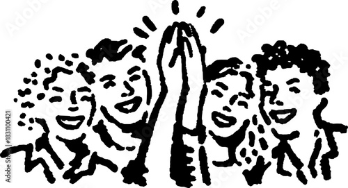 Group of people celebrating together with raised hands and joyful expressions. Simple vector illustration representing unity and support.