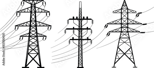 Three Silhouette High Voltage Electricity Towers With Wires On White power tower high voltage tower