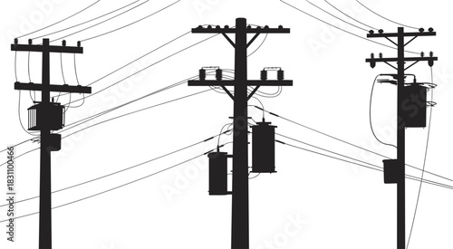 Three Silhouetted Electricity Poles With Transformers And Tangled Wires On White power line utility pole
