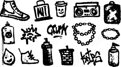 Sneaker and boombox in a textured black-and-white style. Art set includes graffiti elements and spray markers, featuring a trendy vector illustration.