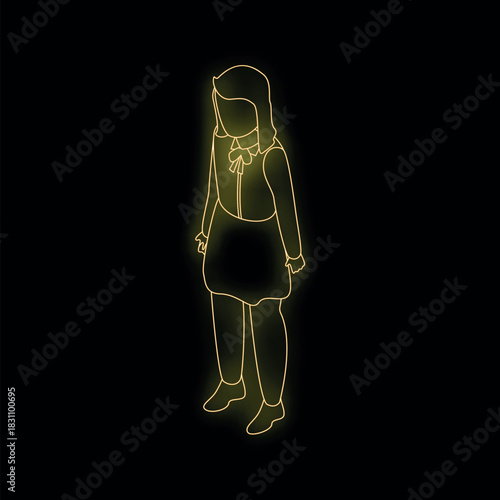 Neon outline of schoolgirl wearing uniform, standing in isometric view against black background