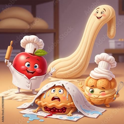 Cartoon chefs – apple, dough, cream, and pie – demonstrate life hacks in a quirky kitchen. 