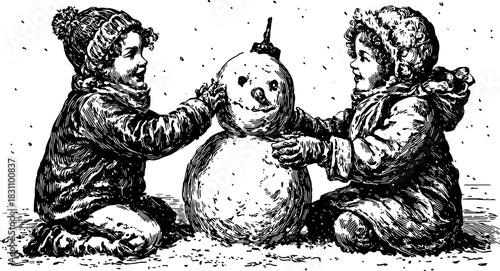 Children building a snowman in a vintage vector illustration. Black and white drawing capturing joyful moments in winter.