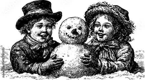 Children with a snowman wearing hats and scarves in a vintage black and white winter scene. Hand-drawn vector illustration with classic sketch style.