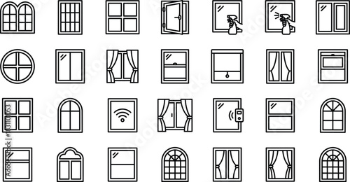Diverse Architectural Window Types, from Classic Arched to Modern Smart Glass, Interior Home Design and Cleaning Outline Icon Set, Vector Editable Stroke