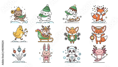 Winter Animal Wonderland: An enchanting collection of adorable cartoon animals, each adorned in festive winter attire, bringing holiday cheer.