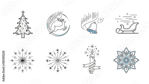 Festive Emblems: A collection of festive emblems includes a Christmas tree, reindeer, bell, sleigh, snowflake, and candle, each symbolizing the enchantment of the season.
