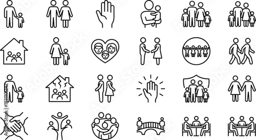 Family, Community, and Relationship Outline Icon Set, Representing Parenthood, Love, Unity, Social Care, Adoption, and Support, Vector Editable Stroke