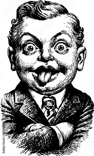 Vintage silhouette engraving of a boy with a teasing expression sticking out his tongue. This hand-drawn black outline vector illustration is in retro style.
