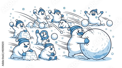 Winter Wonderland Snowball Fight: Playful snow figures engage in an energetic snowball fight in a wintry landscape. capturing the fun of winter.