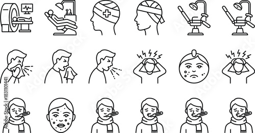 Medical Sickness and Health Examination Outline Icon Set, Covering MRI, Dental Chair, Bandages, Fever, Headaches, Coughing, and Skin Problems, Vector