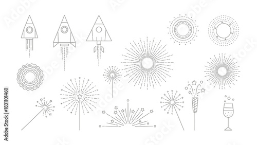 Rocket and Celebration: A curated collection of minimalistic line art elements showcasing rocket launches, starbursts, firework displays, and champagne.