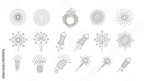 Fireworks Collection: A monochrome set of vector illustrations of various fireworks designs, including different shapes and effects. Designed for festive or celebratory occasions.