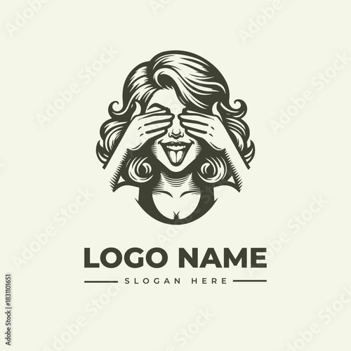 Vector logo illustration of a playful woman covering her eyes, a vintage engraving style design with a fun expression. 130