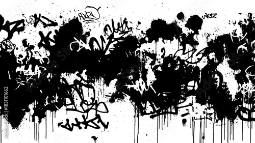 Graffiti art in black and white. Abstract texture with drips and splashes creates a modern vector illustration showcasing urban expression.