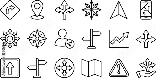 Navigation and direction icons set, GPS mapping, location pin, road signs, compass star, user journey, and decision making vector line art collection