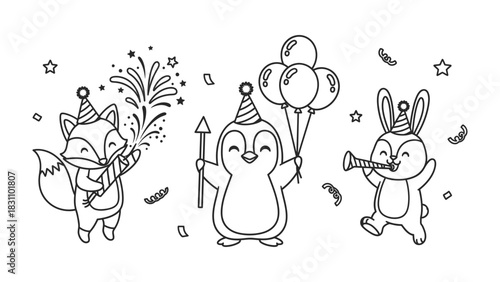 Party Animals: Cheerful cartoon fox, penguin, and rabbit celebrate with party hats, balloons, and fireworks. Joyful scene perfect for celebrations and children's content.