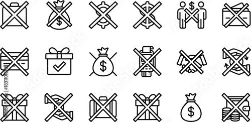 Prohibition of Financial Transactions Outline Icon Set, Covering No Gifts, Money Laundering, Bribery, Corruption, Black Money, and Illegal Payments, Vector