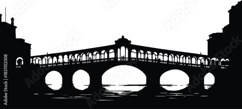 High-Definition Solid Black Silhouette of a Ponte di Rialto Bridge with Perfect Proportions and Sharp Edges black and white with white background