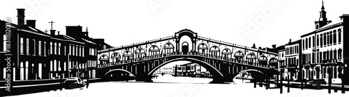 High-Definition Solid Black Silhouette of a Ponte di Rialto Bridge with Perfect Proportions and Sharp Edges black and white with white background