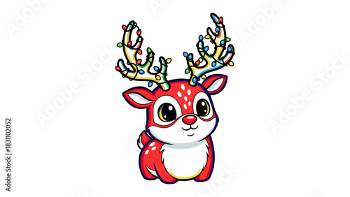 Festive Deer: A cheerful depiction of a cartoon deer, adorned with vibrant Christmas lights illuminating its antlers. A delightful image of holiday cheer.