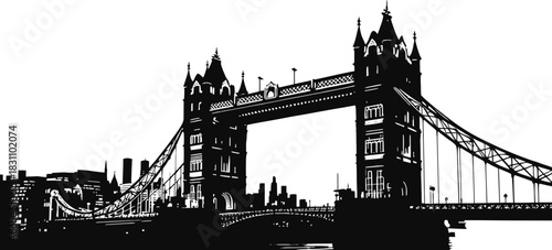 High-Definition Solid Black Silhouette of a The Tower Bridge London,UK Bridge with Perfect Proportions and Sharp Edges black and white with white background 