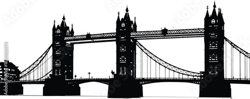 High-Definition Solid Black Silhouette of a The Tower Bridge London,UK Bridge with Perfect Proportions and Sharp Edges black and white with white background 