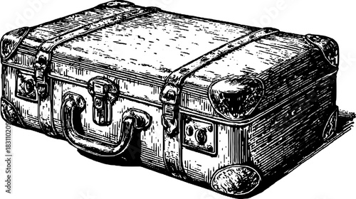 Vintage suitcase in black and white outline style. Detailed vector illustration of a portable and stylish luggage set.