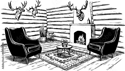 Engravings of an antique living room interior. Featuring a cozy set with chairs, a table, and a fireplace in a vintage illustration style vector.