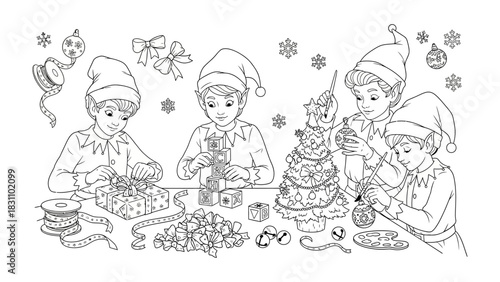 The Art of Crafting Festivities: An illustration depicts diligent elves engrossed in the joyous tasks of preparing gifts and ornaments, bringing the festive spirit to life.