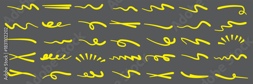 Hand drawn marker strokes set. Yellow paint brush lines, underlines and squiggles. Creative highlighter collection for graphic design. Ink doodle & scribble elements vector. Dark Background. EPS 10.