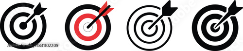 Target icon set Target and Goal abstract Vector icons Set. Darts icon thin line illustration in Four Different Style. Target flat icon, archery target with arrow isolated, goal symbol, victory sign,