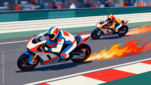 This vibrant illustration depicts a high-speed motorcycle race on a curving track, with colorful bikes and riders competing near the checkered finish line, while spectators watch from the sidelines.