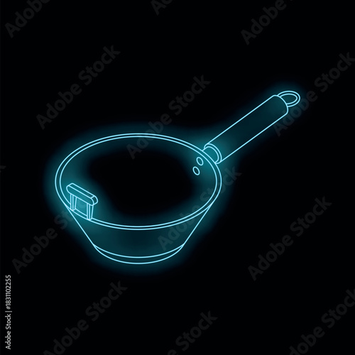 Neon blue wok glowing on a black background, viewed isometrically