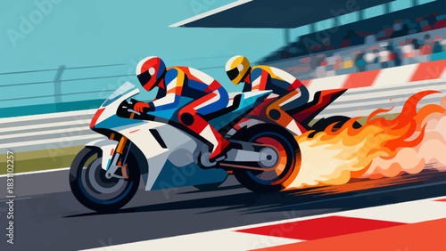 This vibrant illustration depicts a high-speed motorcycle race on a curving track, with colorful bikes and riders competing near the checkered finish line, while spectators watch from the sidelines.