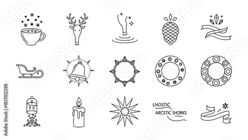 Holiday Line Icons: A collection of simple, elegant line icons depicting festive elements of holiday, perfect for use in designs.