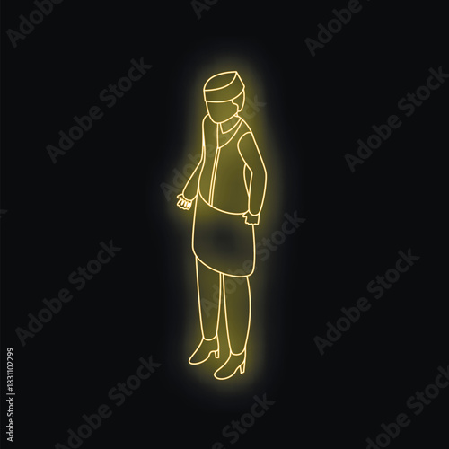 Neon yellow isometric drawing of a stewardess standing with hands on her hips on a black background
