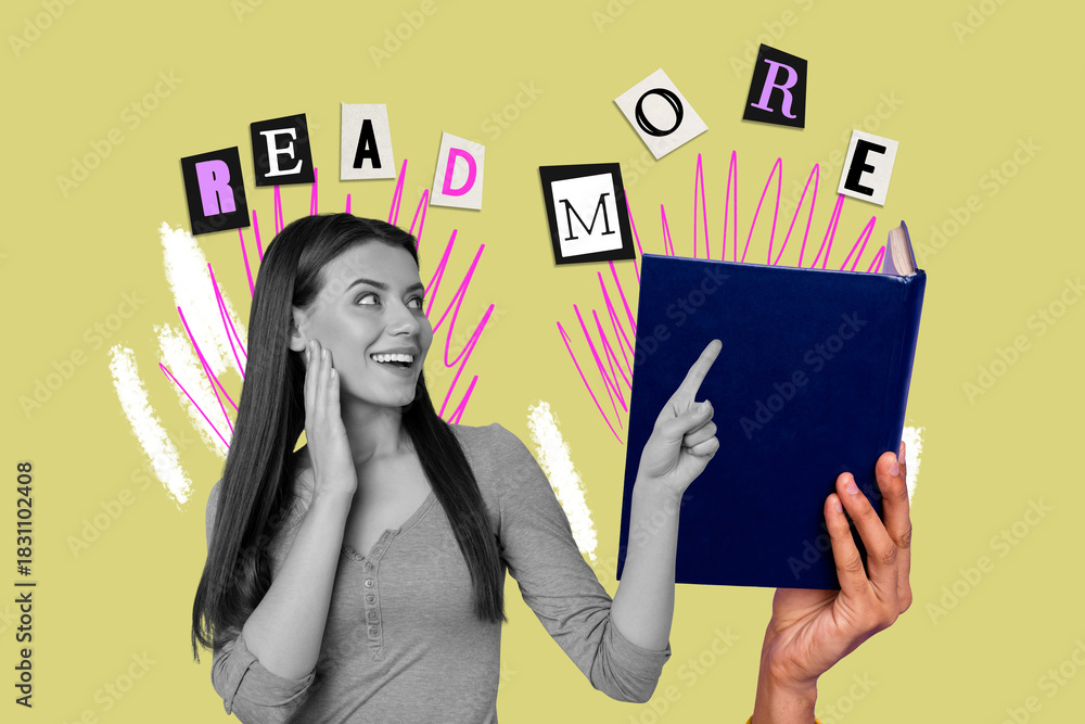 Fototapeta premium Image trend collage of person use demonstrate with text read more above on yellow color background