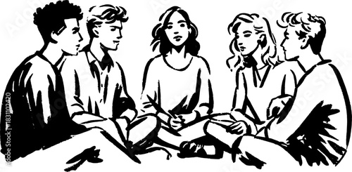 Group of people engaged in conversation, symbolizing discussion and collaboration. Simple black and white vector illustration.