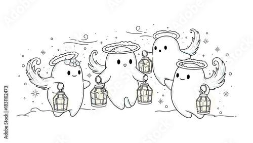 Lantern-Wielding Angels: Charming illustrations of cute, angelic figures each carrying a lantern, conveying a sense of serenity and ethereal beauty, perfect for various creative projects.