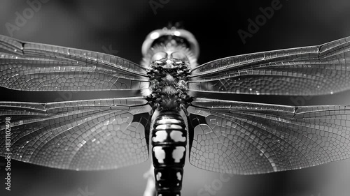 Black and white dragonfly close-up detail with transparent wings, insects, perfect for design