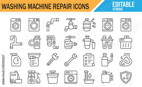 Washing Machine Maintenance and Tool Outline Symbols Collection