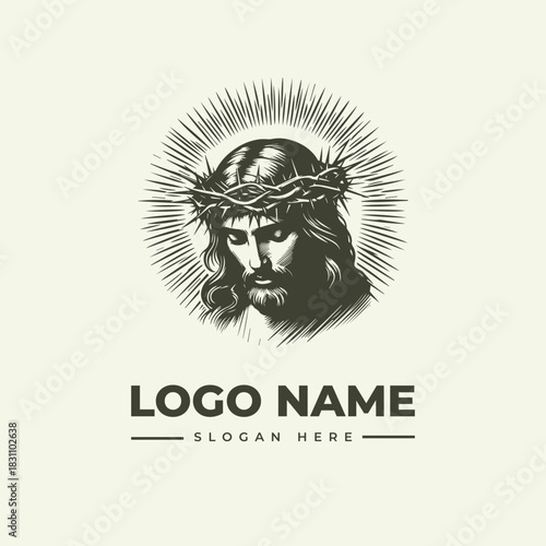 Religious vector logo illustration featuring an engraving of Jesus's face with a crown of thorns and halo