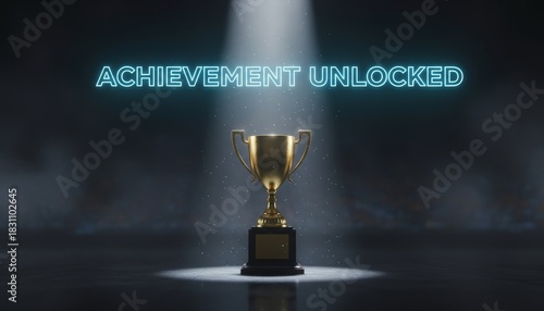 A golden trophy illuminated by a spotlight with the text 