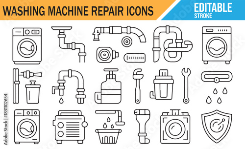 Laundry Service and Appliance Repair Editable Stroke Vector Icons