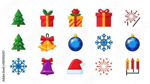 Festive Christmas Icons: a visually appealing array of colorful festive elements, carefully arranged to capture the essence of the holiday spirit.